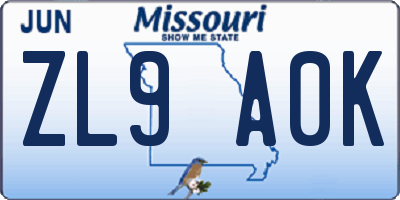 MO license plate ZL9A0K