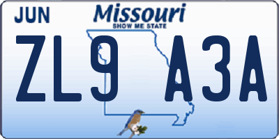 MO license plate ZL9A3A