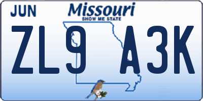 MO license plate ZL9A3K