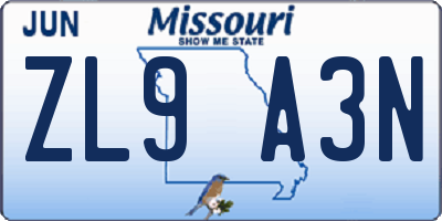MO license plate ZL9A3N