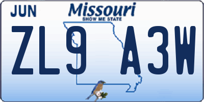 MO license plate ZL9A3W