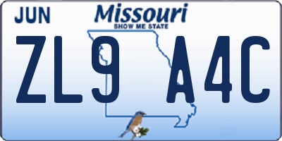 MO license plate ZL9A4C