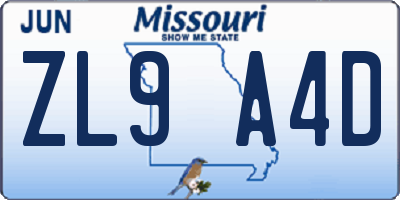 MO license plate ZL9A4D