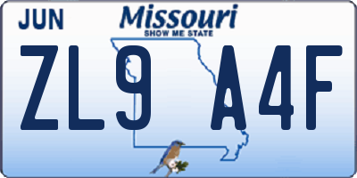 MO license plate ZL9A4F