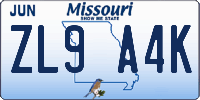 MO license plate ZL9A4K