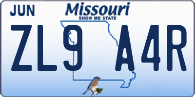 MO license plate ZL9A4R