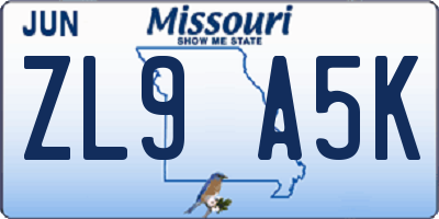 MO license plate ZL9A5K