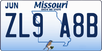 MO license plate ZL9A8B