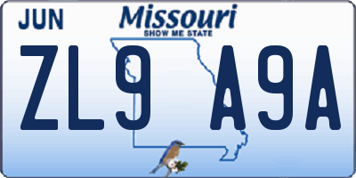 MO license plate ZL9A9A