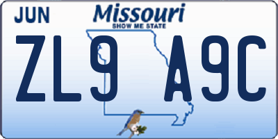 MO license plate ZL9A9C