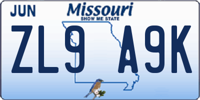 MO license plate ZL9A9K