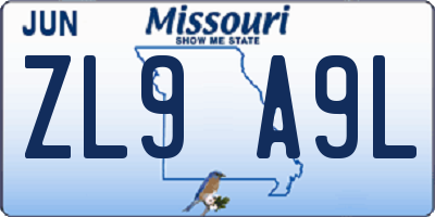 MO license plate ZL9A9L