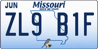 MO license plate ZL9B1F