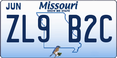 MO license plate ZL9B2C