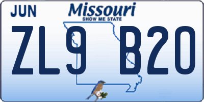 MO license plate ZL9B2O
