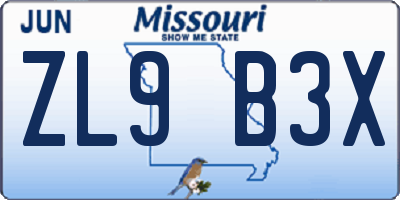 MO license plate ZL9B3X