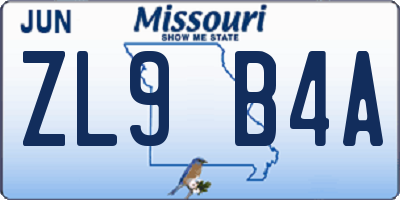 MO license plate ZL9B4A