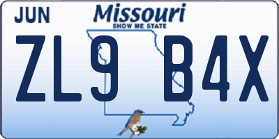 MO license plate ZL9B4X