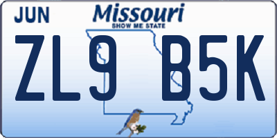 MO license plate ZL9B5K