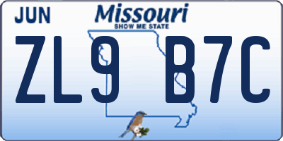 MO license plate ZL9B7C