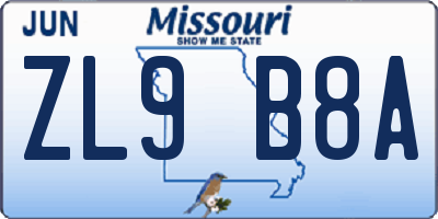 MO license plate ZL9B8A