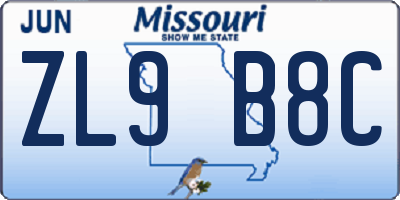 MO license plate ZL9B8C