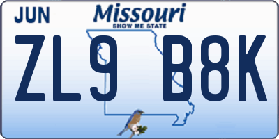 MO license plate ZL9B8K