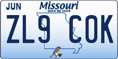 MO license plate ZL9C0K