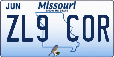 MO license plate ZL9C0R