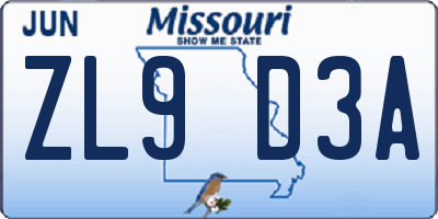 MO license plate ZL9D3A