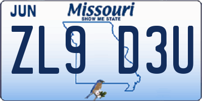 MO license plate ZL9D3U