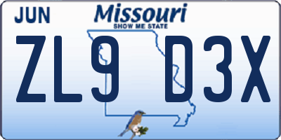 MO license plate ZL9D3X