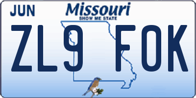 MO license plate ZL9F0K