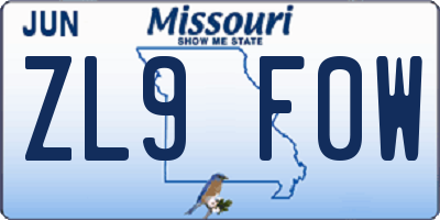 MO license plate ZL9F0W