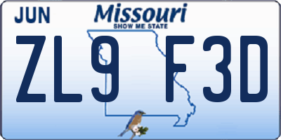 MO license plate ZL9F3D