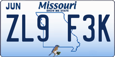 MO license plate ZL9F3K