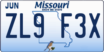 MO license plate ZL9F3X