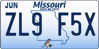 MO license plate ZL9F5X