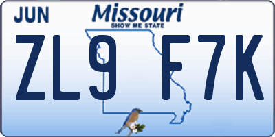 MO license plate ZL9F7K