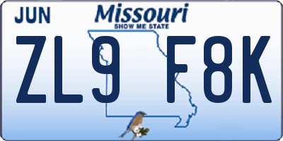 MO license plate ZL9F8K