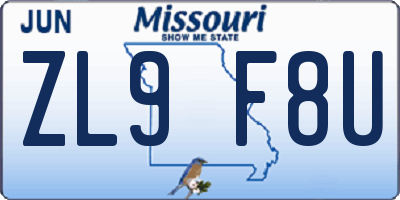 MO license plate ZL9F8U