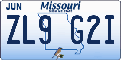 MO license plate ZL9G2I