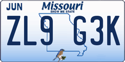 MO license plate ZL9G3K