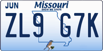 MO license plate ZL9G7K
