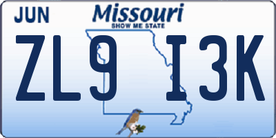 MO license plate ZL9I3K