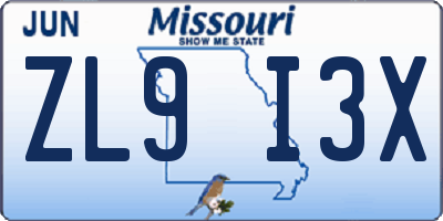 MO license plate ZL9I3X