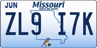 MO license plate ZL9I7K