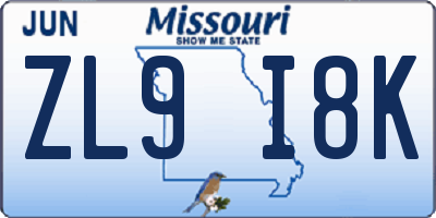 MO license plate ZL9I8K