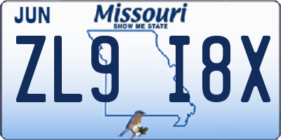 MO license plate ZL9I8X