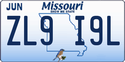 MO license plate ZL9I9L